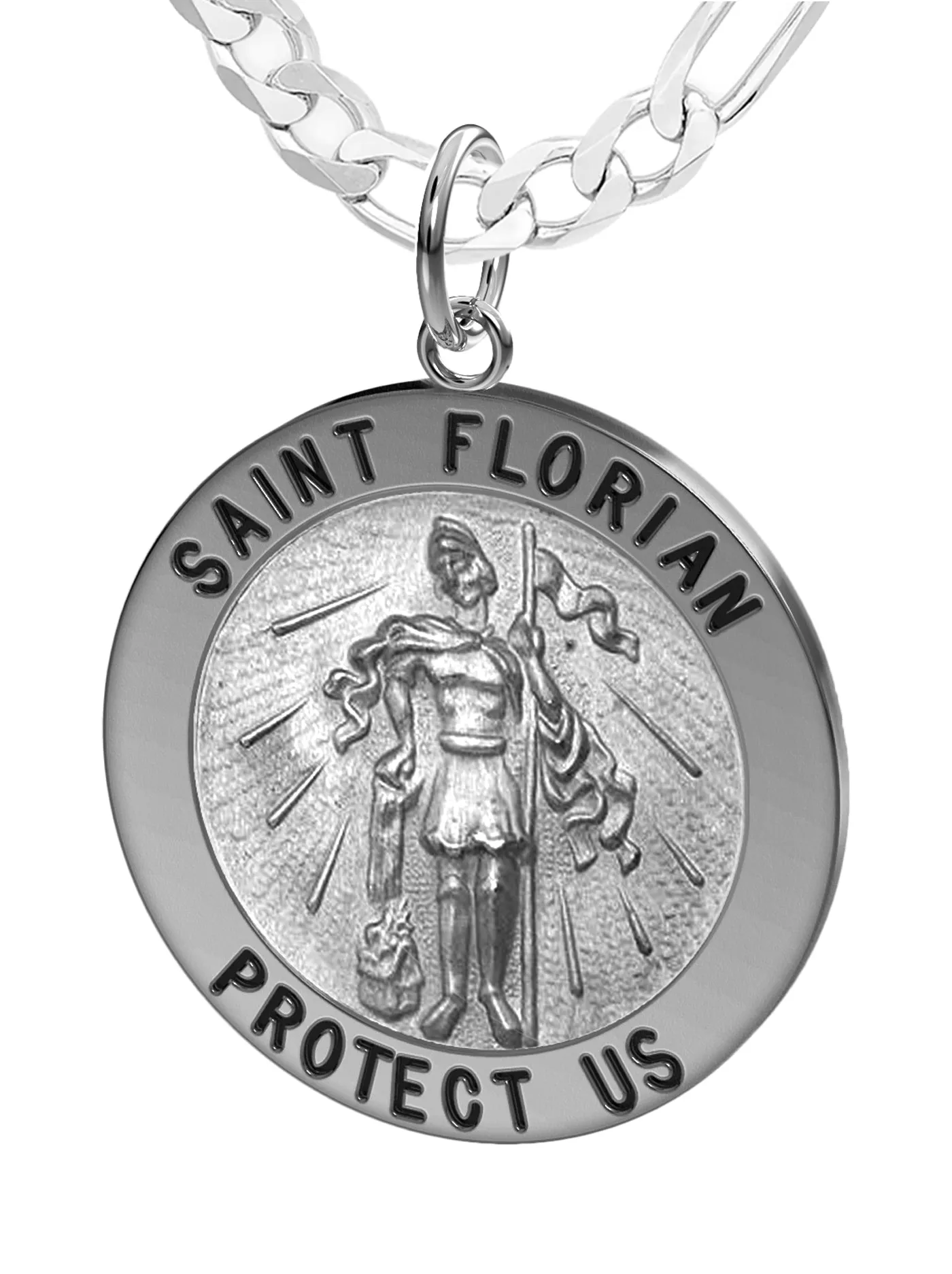 Men's Solid 925 Sterling Silver Saint Florian Round Antique Pendant Necklace, 25mm