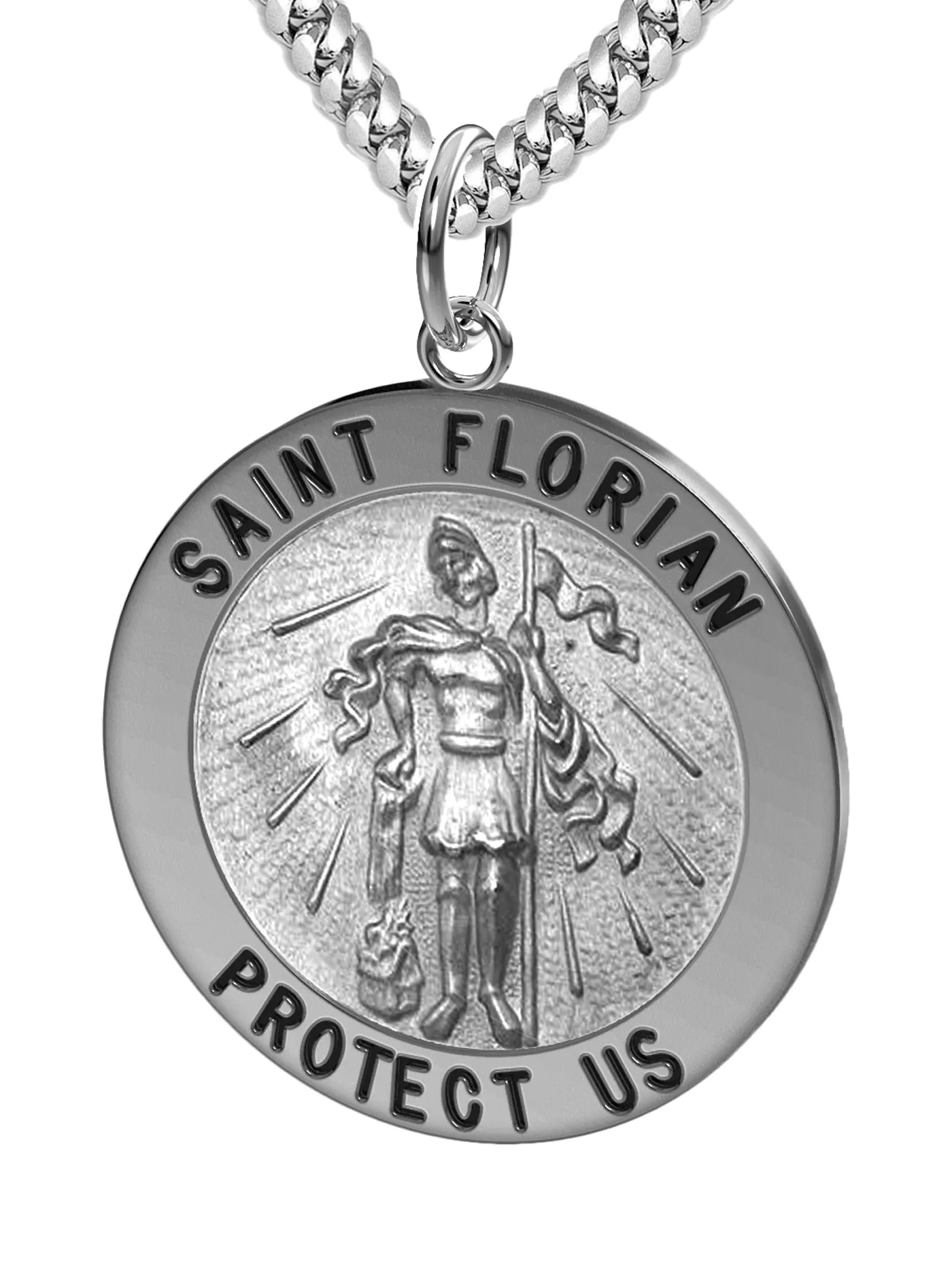 Men's Solid 925 Sterling Silver Saint Florian Round Antique Pendant Necklace, 25mm
