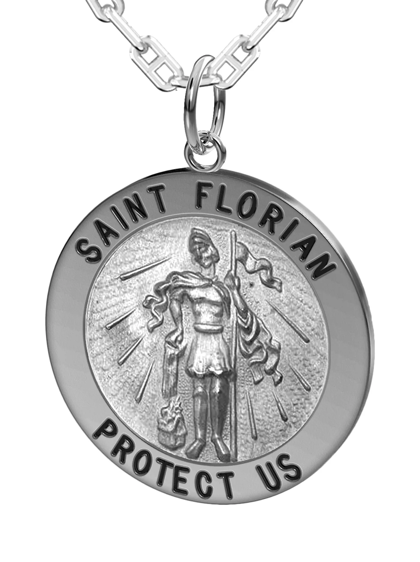 Men's Solid 925 Sterling Silver Saint Florian Round Antique Pendant Necklace, 25mm