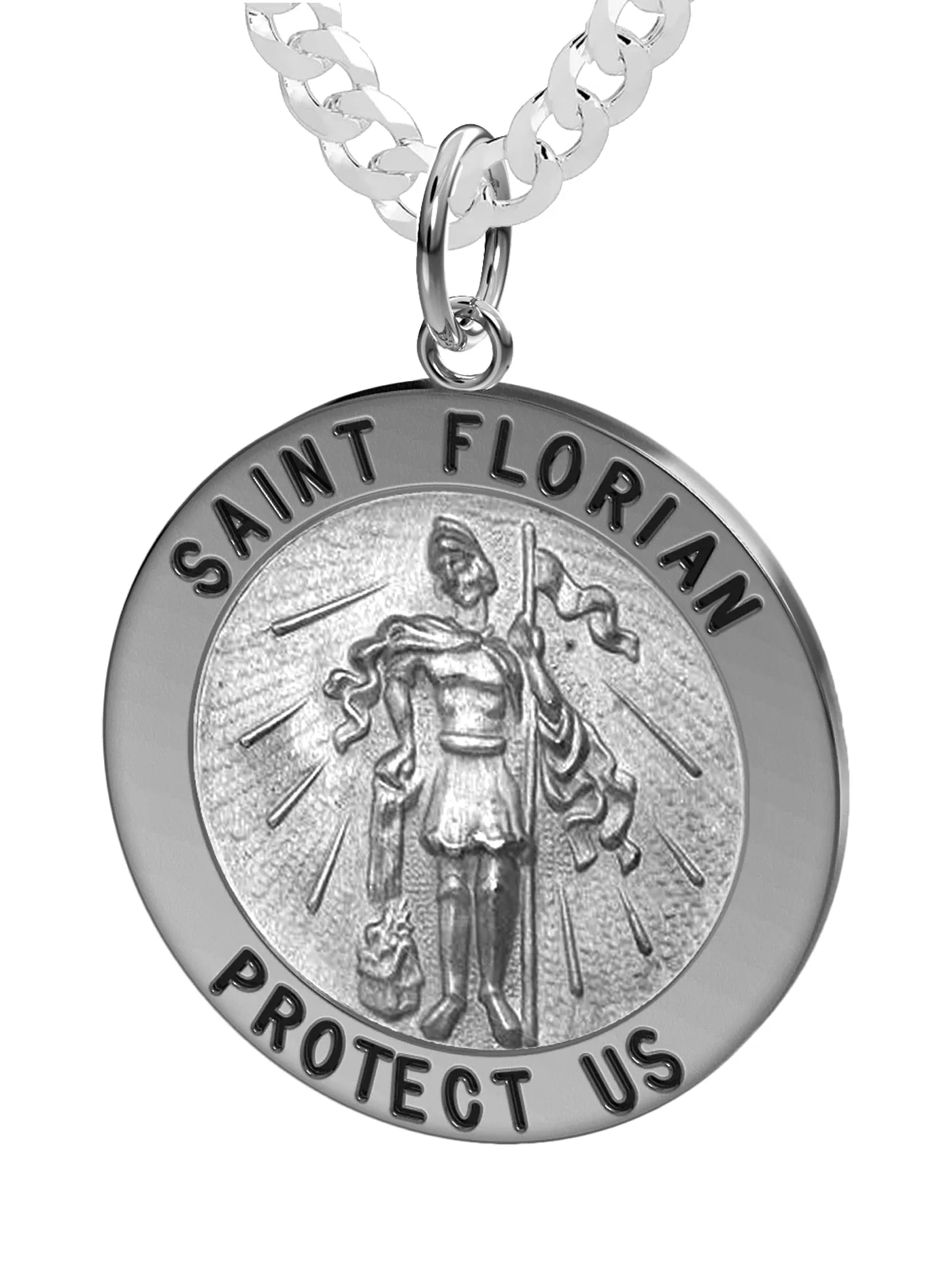Men's Solid 925 Sterling Silver Saint Florian Round Antique Pendant Necklace, 25mm