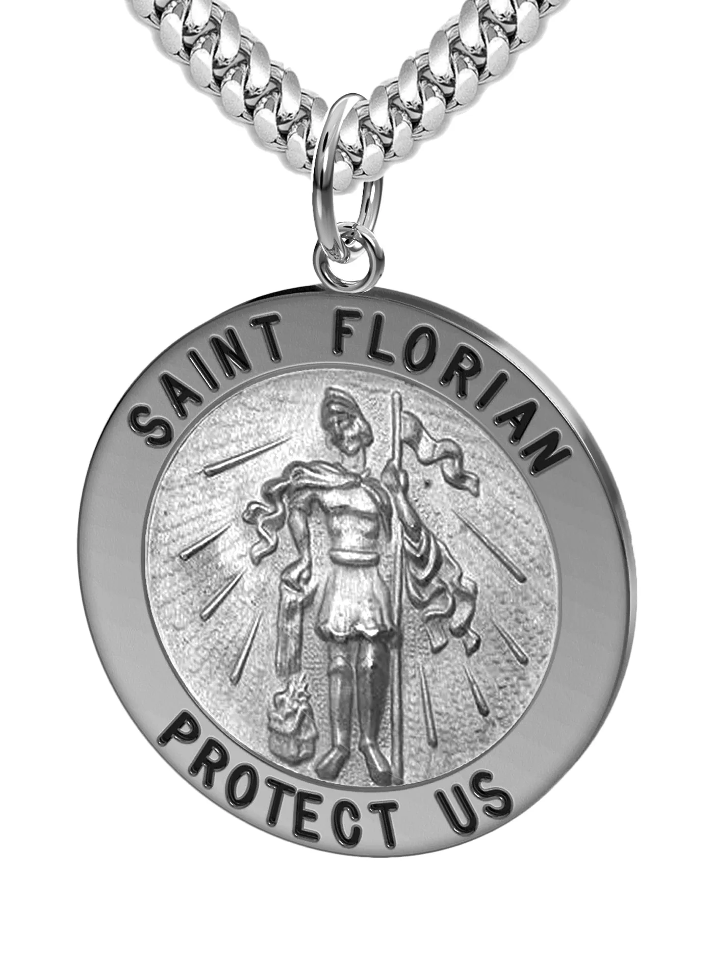 Men's Solid 925 Sterling Silver Saint Florian Round Antique Pendant Necklace, 25mm