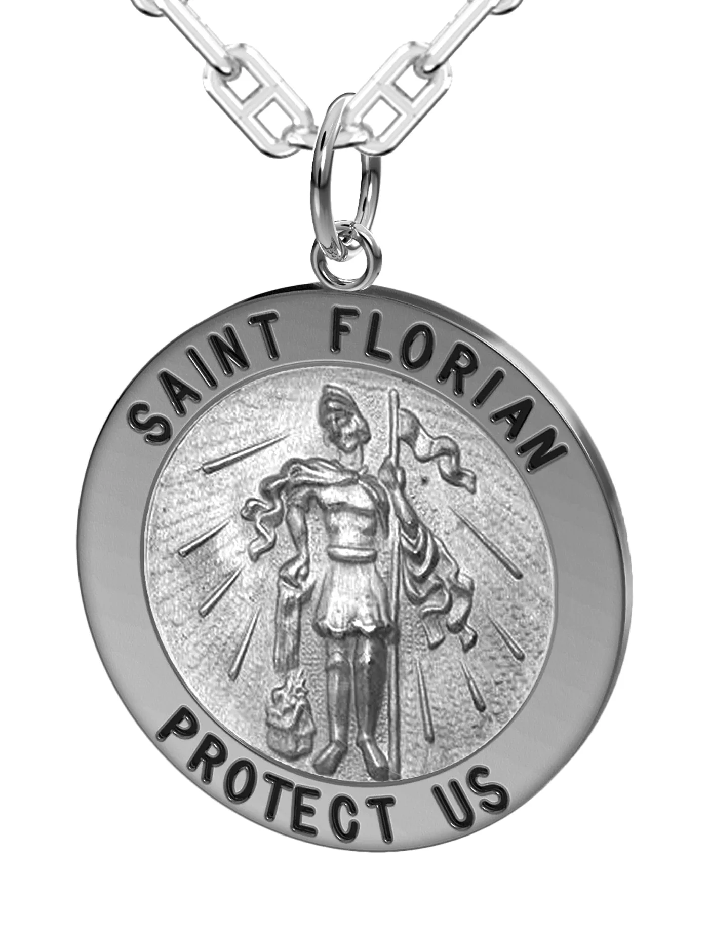 Men's Solid 925 Sterling Silver Saint Florian Round Antique Pendant Necklace, 25mm