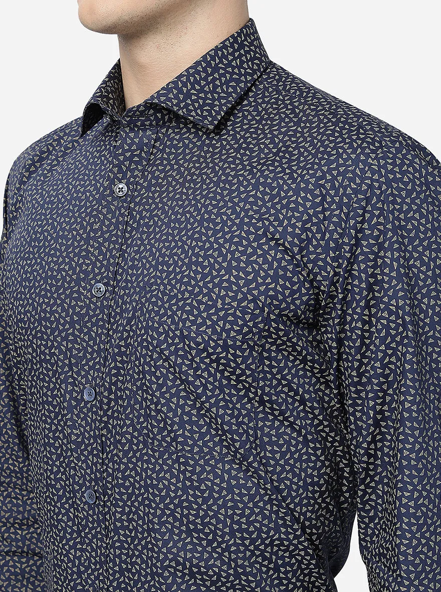Navy Blue Printed Regular Fit Formal Shirt | JadeBlue