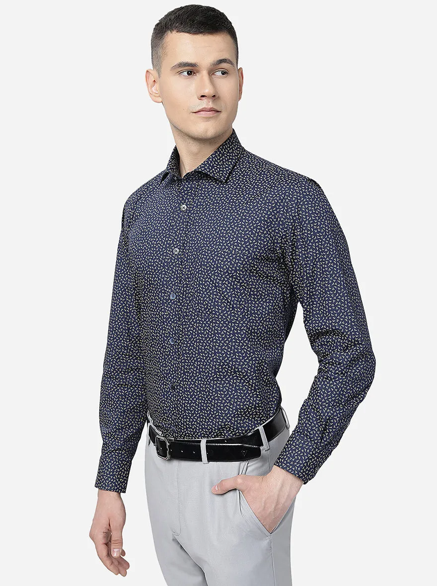 Navy Blue Printed Regular Fit Formal Shirt | JadeBlue