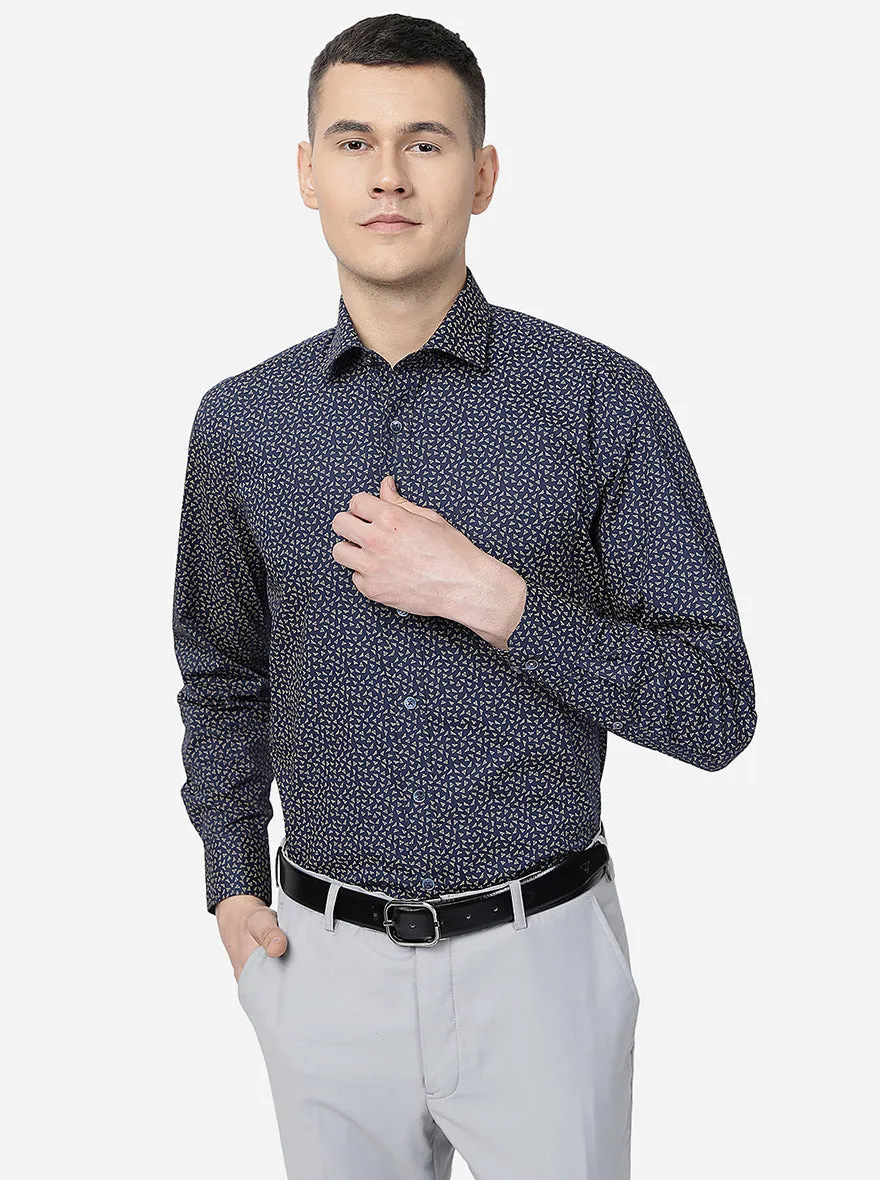 Navy Blue Printed Regular Fit Formal Shirt | JadeBlue