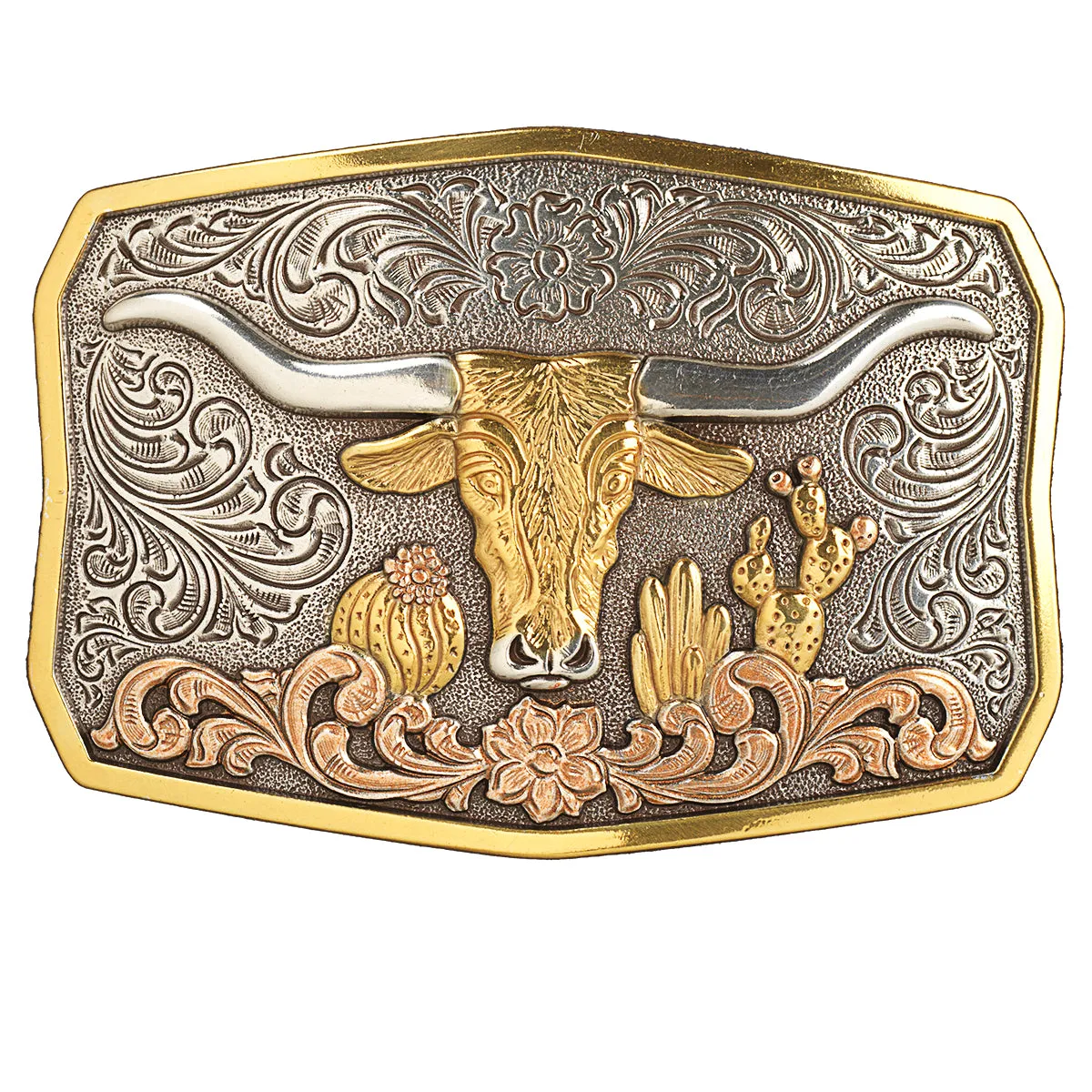 Nocona Rectangle Longhorn Cactus Antiqued Gold & Silver Buckle