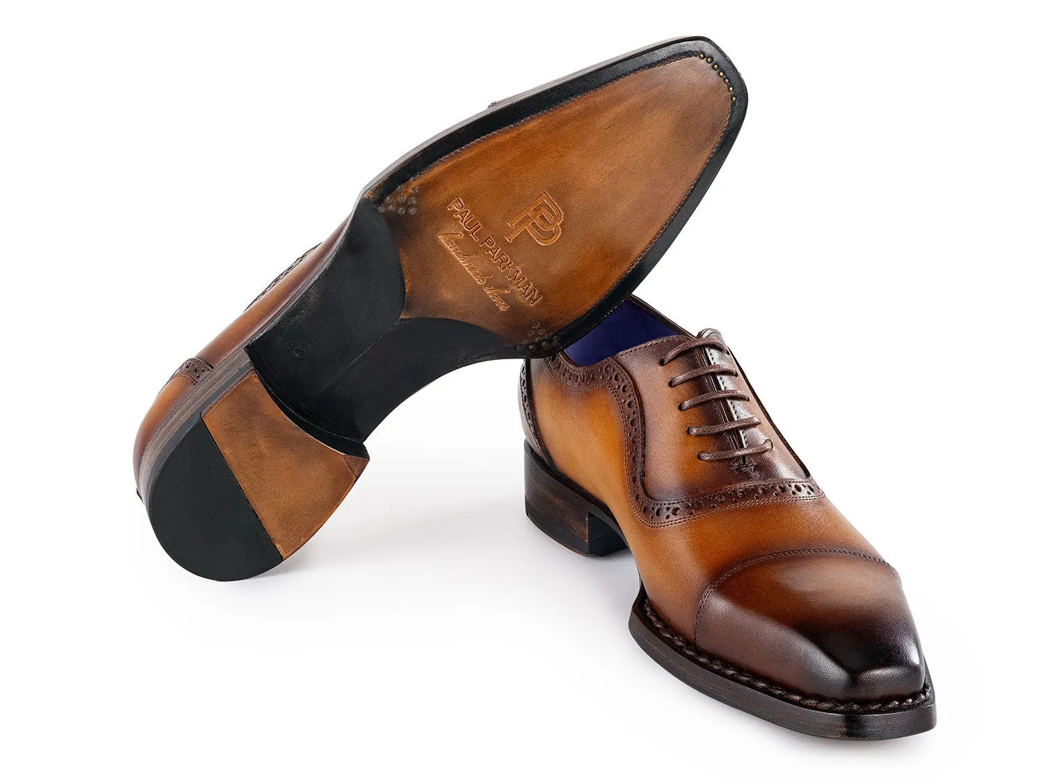 Paul Parkman Men's Goodyear Welted Burnished Cap Toe Oxfords in Camel Brown