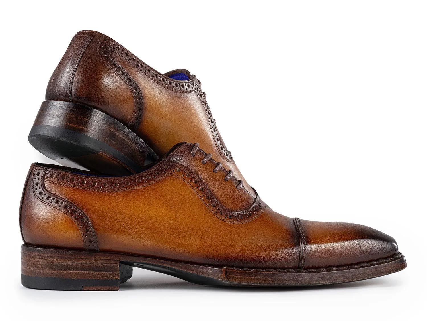 Paul Parkman Men's Goodyear Welted Burnished Cap Toe Oxfords in Camel Brown
