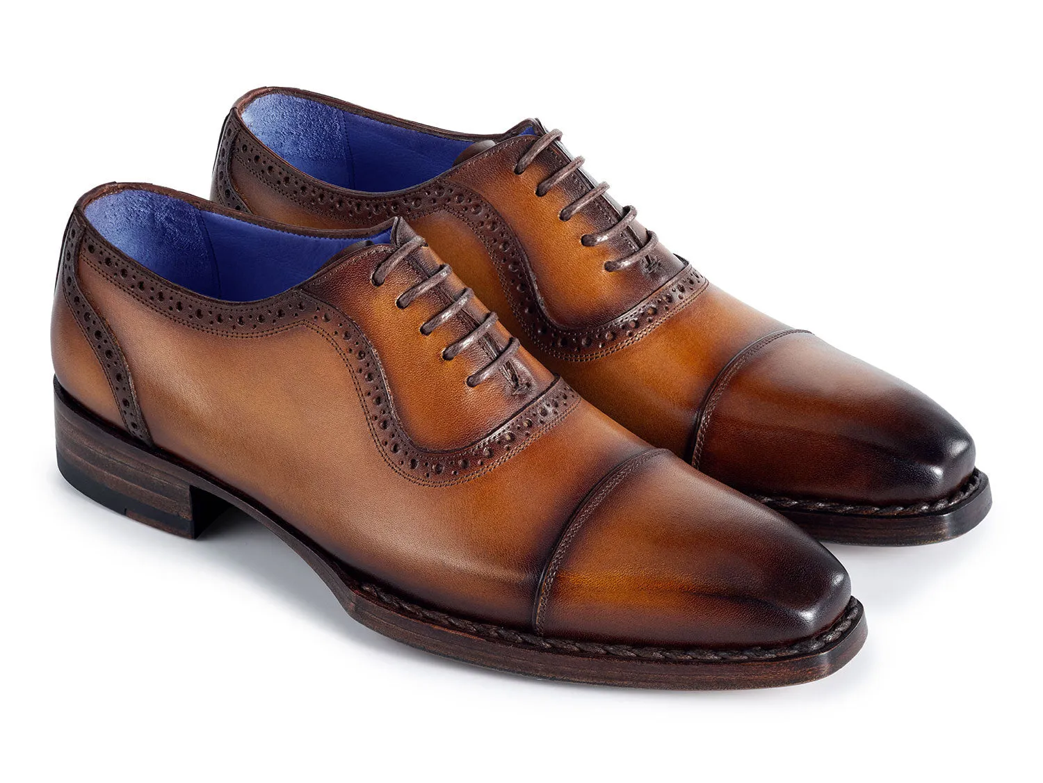Paul Parkman Men's Goodyear Welted Burnished Cap Toe Oxfords in Camel Brown