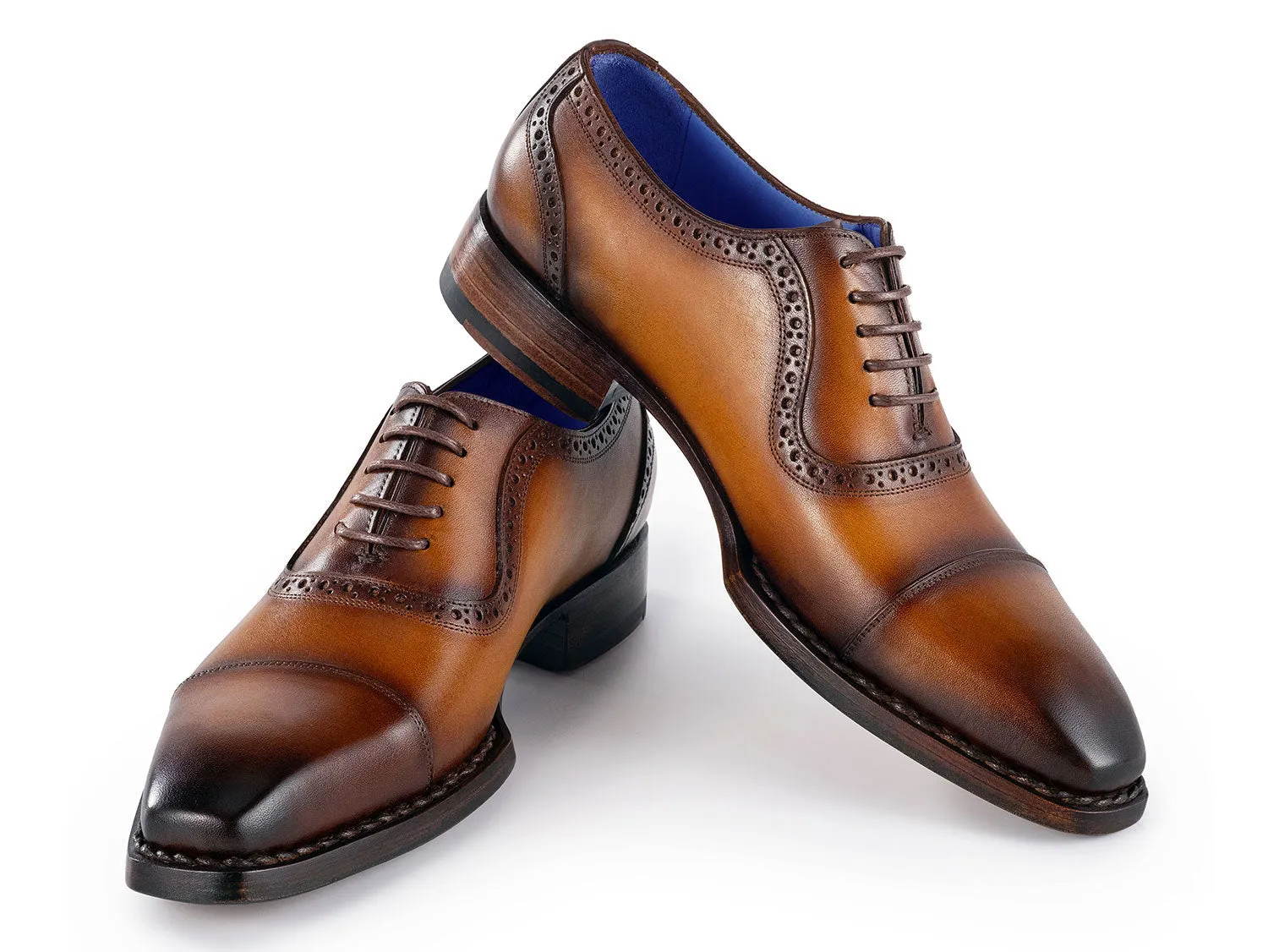 Paul Parkman Men's Goodyear Welted Burnished Cap Toe Oxfords in Camel Brown