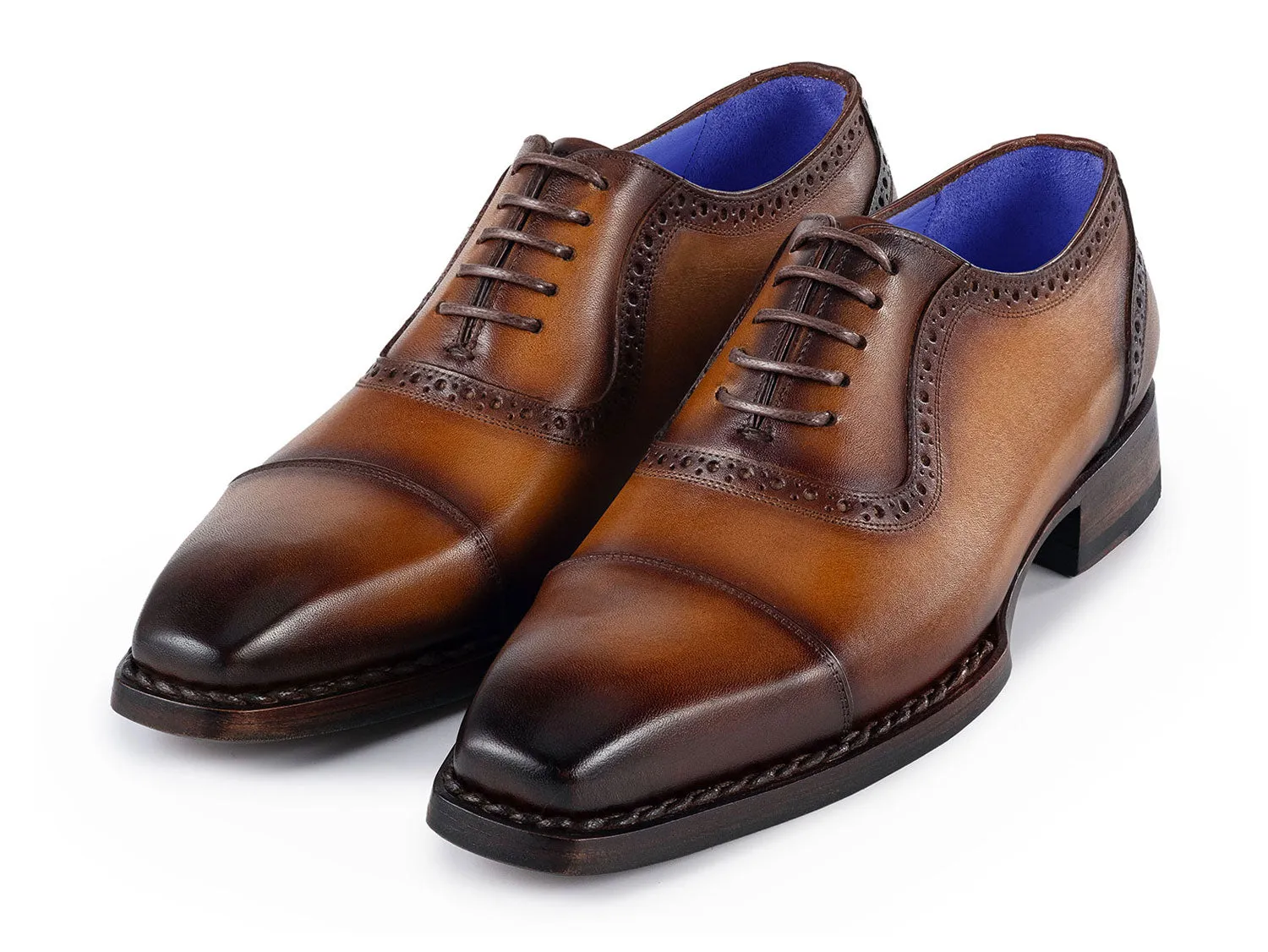 Paul Parkman Men's Goodyear Welted Burnished Cap Toe Oxfords in Camel Brown