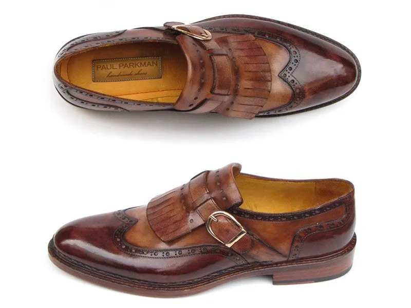 Paul Parkman Men's Hand-Painted Leather Wingtip Monkstrap Brogues in Brown