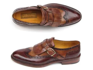 Paul Parkman Men's Hand-Painted Leather Wingtip Monkstrap Brogues in Brown