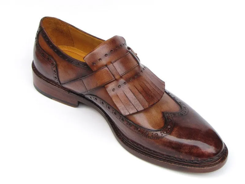 Paul Parkman Men's Hand-Painted Leather Wingtip Monkstrap Brogues in Brown