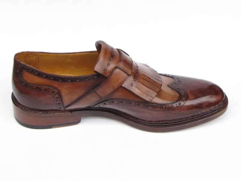 Paul Parkman Men's Hand-Painted Leather Wingtip Monkstrap Brogues in Brown
