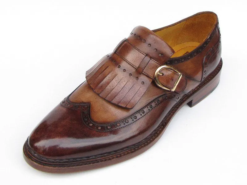 Paul Parkman Men's Hand-Painted Leather Wingtip Monkstrap Brogues in Brown