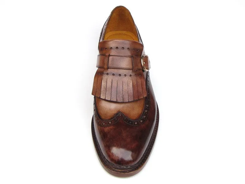 Paul Parkman Men's Hand-Painted Leather Wingtip Monkstrap Brogues in Brown