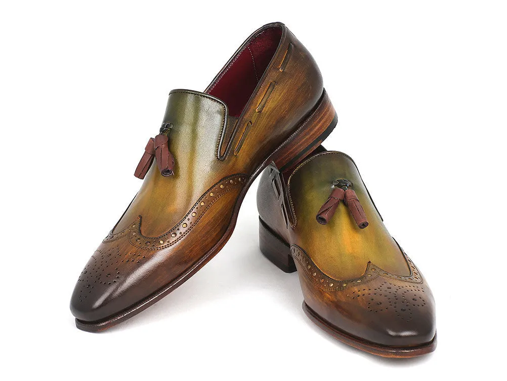 Paul Parkman Men's Hand-Painted Leather Wingtip Tassel Loafers in Green