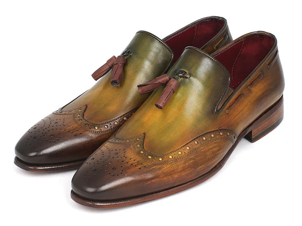 Paul Parkman Men's Hand-Painted Leather Wingtip Tassel Loafers in Green
