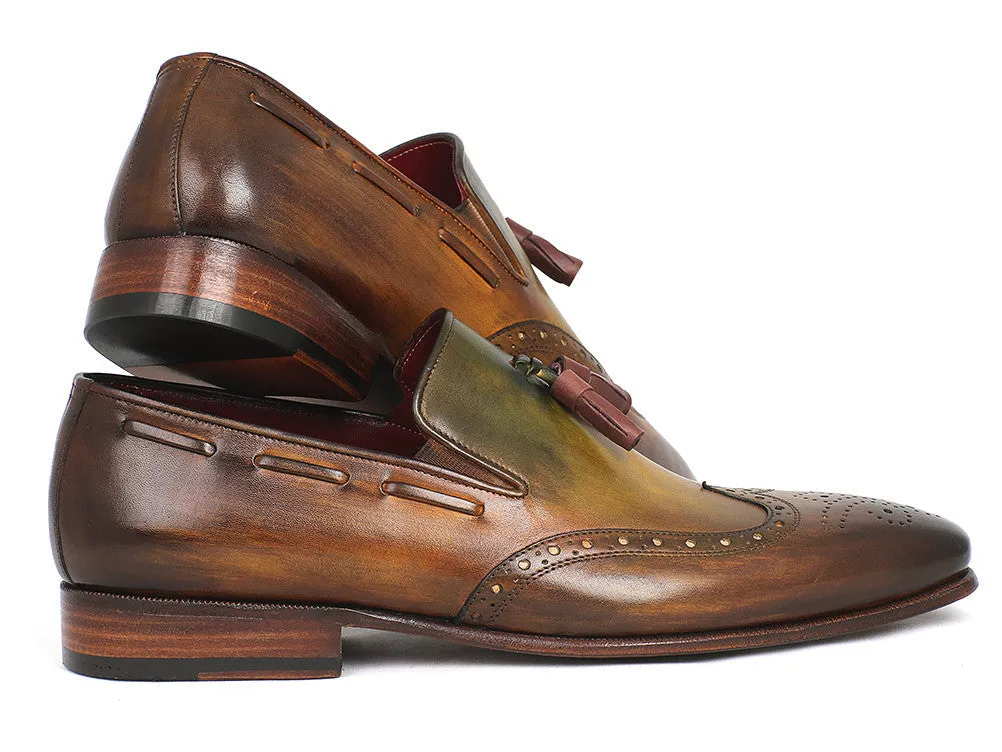 Paul Parkman Men's Hand-Painted Leather Wingtip Tassel Loafers in Green