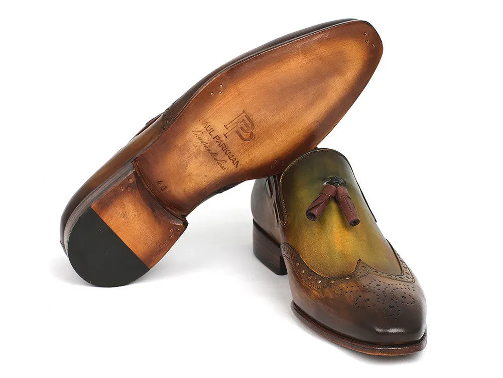 Paul Parkman Men's Hand-Painted Leather Wingtip Tassel Loafers in Green