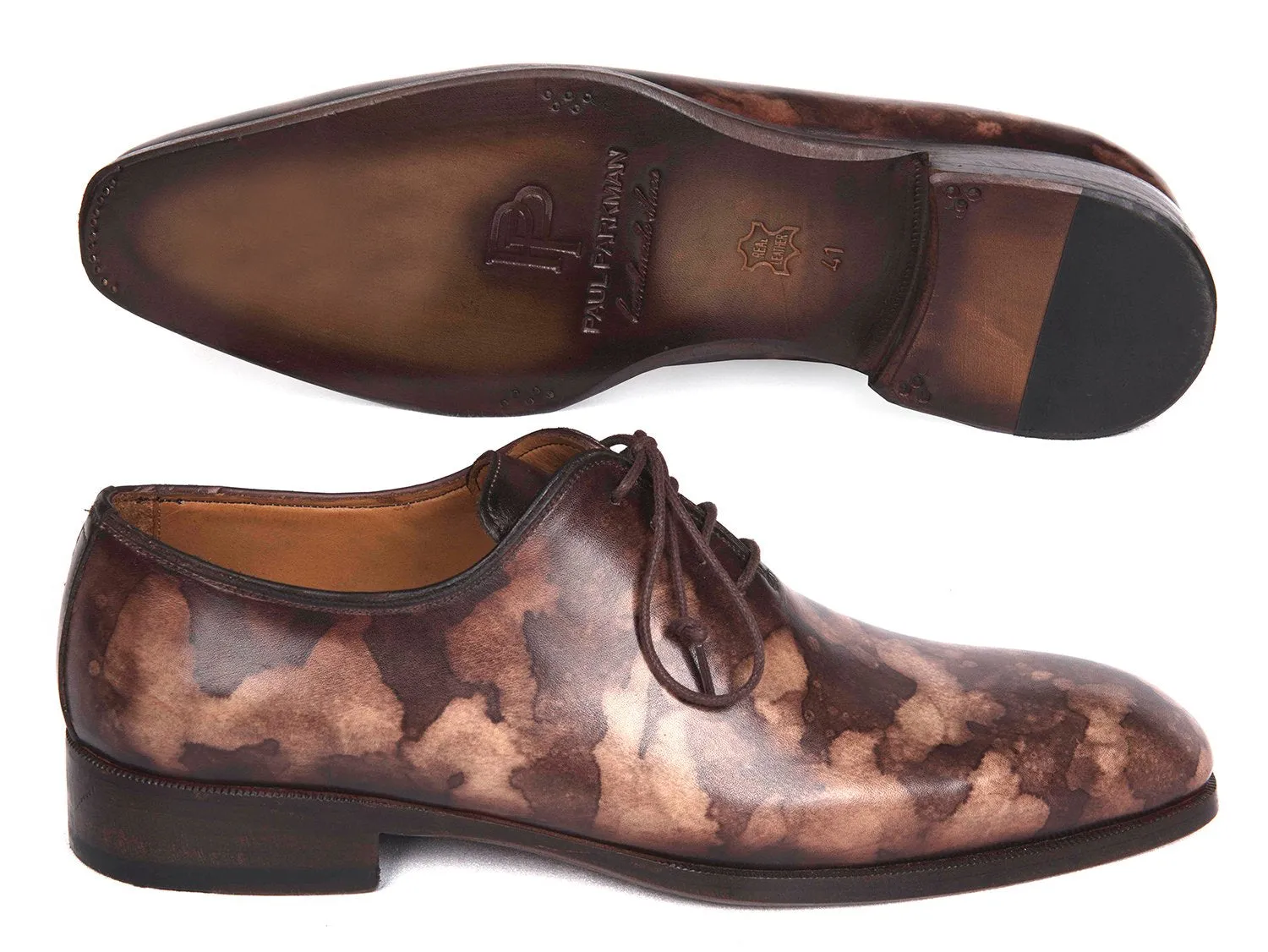 Paul Parkman Men's Hand-Painted Wholecut Oxfords in Brown Camouflage
