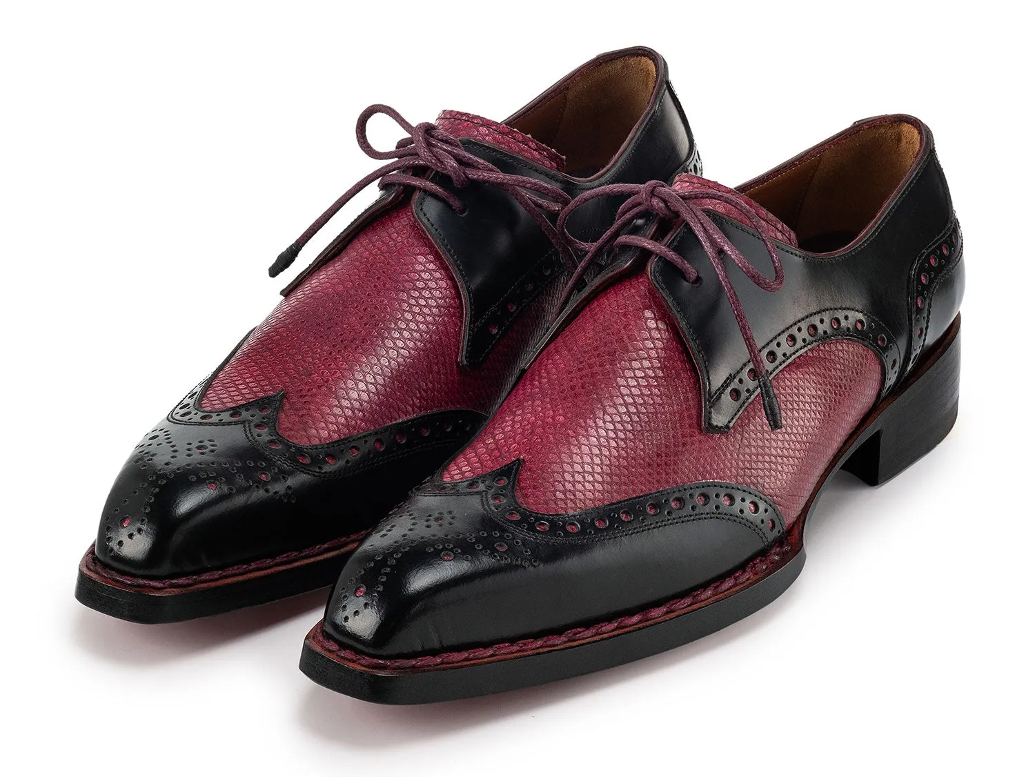 Paul Parkman Men's Hand-Welted Leather Wingtip Derby Shoes in Black & Red