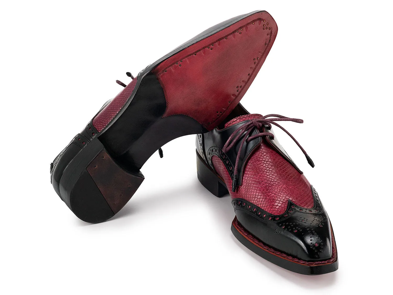 Paul Parkman Men's Hand-Welted Leather Wingtip Derby Shoes in Black & Red