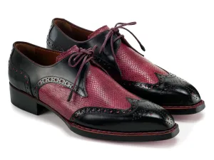 Paul Parkman Men's Hand-Welted Leather Wingtip Derby Shoes in Black & Red