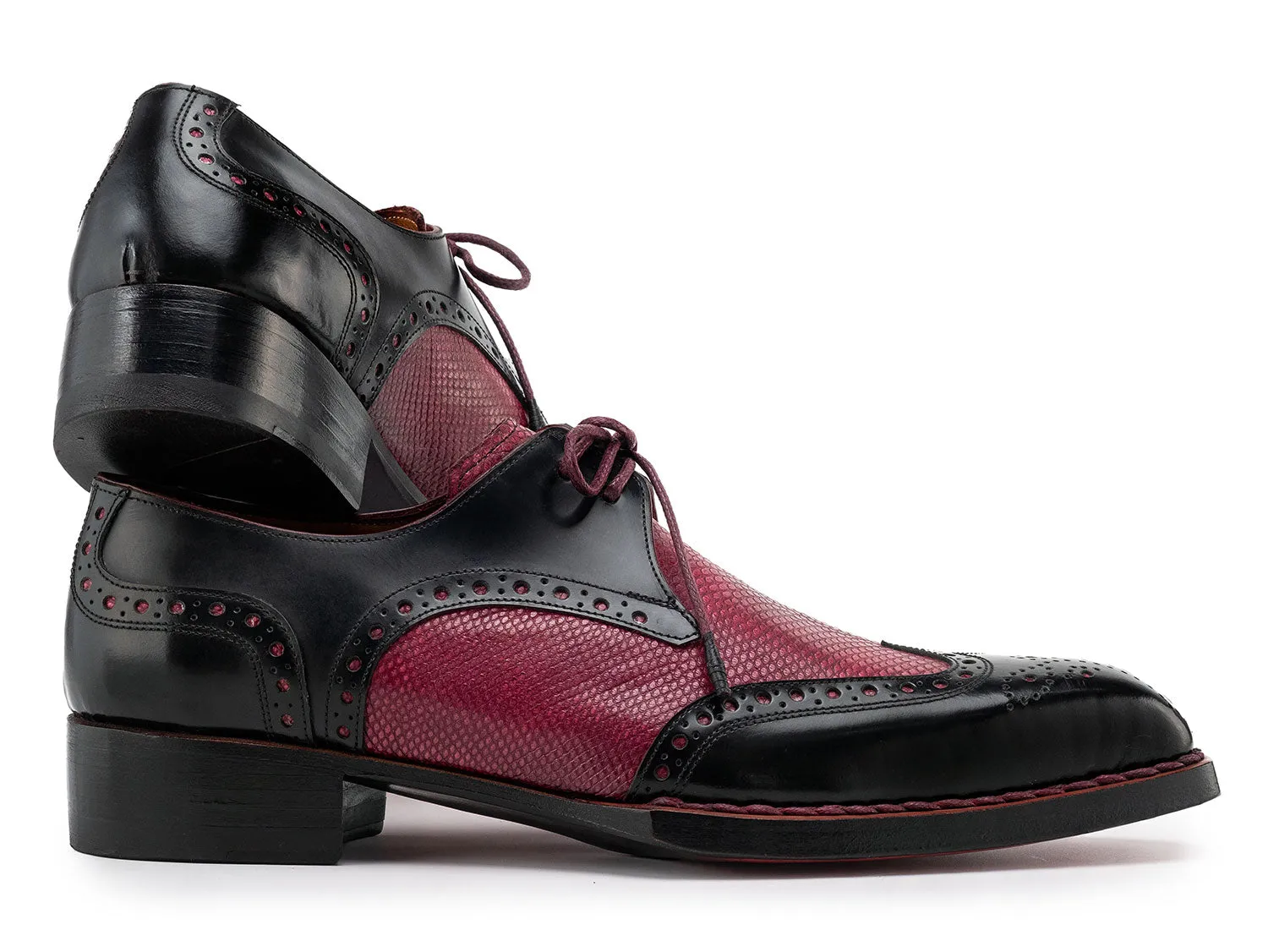 Paul Parkman Men's Hand-Welted Leather Wingtip Derby Shoes in Black & Red