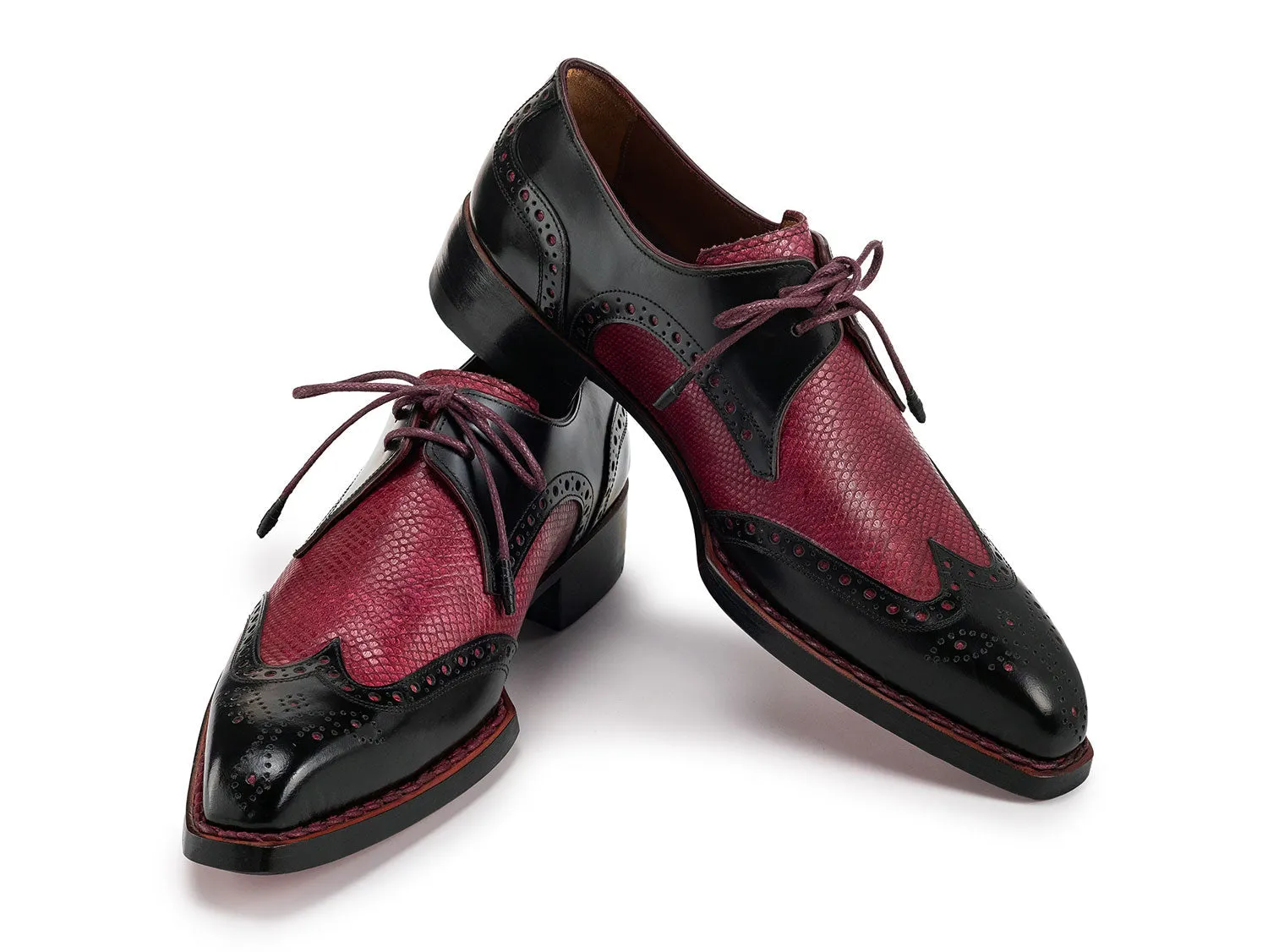 Paul Parkman Men's Hand-Welted Leather Wingtip Derby Shoes in Black & Red