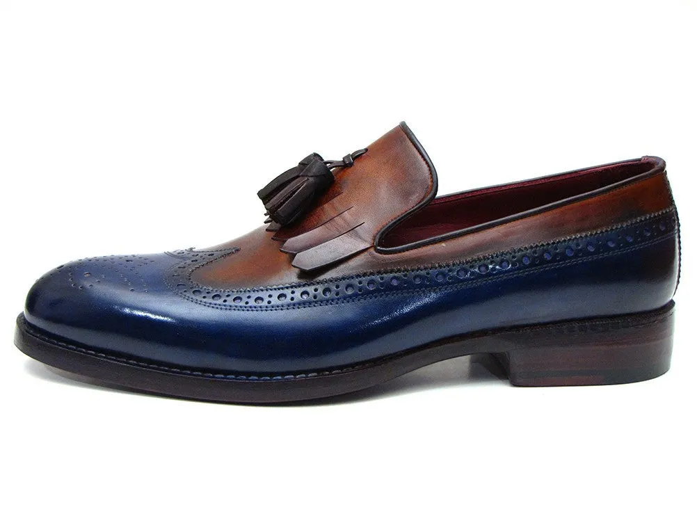 Paul Parkman Men's Leather Kiltie Tassel Loafers in Navy & Tobacco
