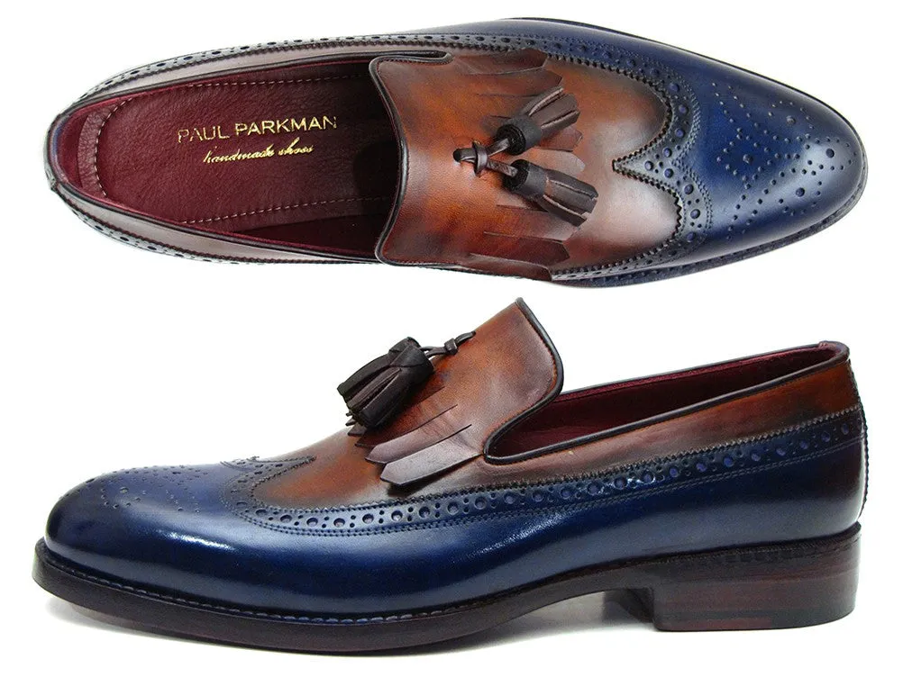 Paul Parkman Men's Leather Kiltie Tassel Loafers in Navy & Tobacco