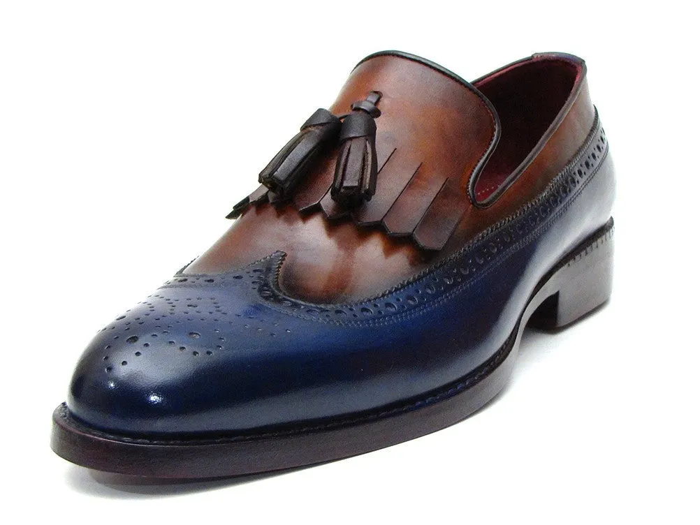 Paul Parkman Men's Leather Kiltie Tassel Loafers in Navy & Tobacco