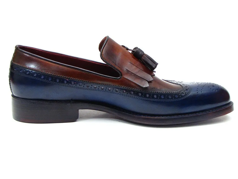 Paul Parkman Men's Leather Kiltie Tassel Loafers in Navy & Tobacco