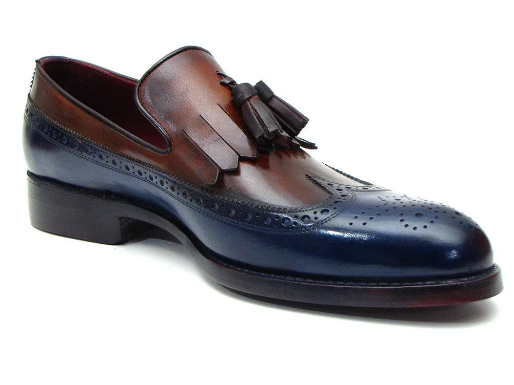 Paul Parkman Men's Leather Kiltie Tassel Loafers in Navy & Tobacco