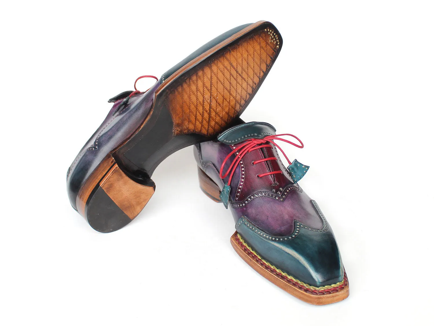 Paul Parkman Men's Norwegian Welted Wingtip Oxford Shoes in Purple & Blue