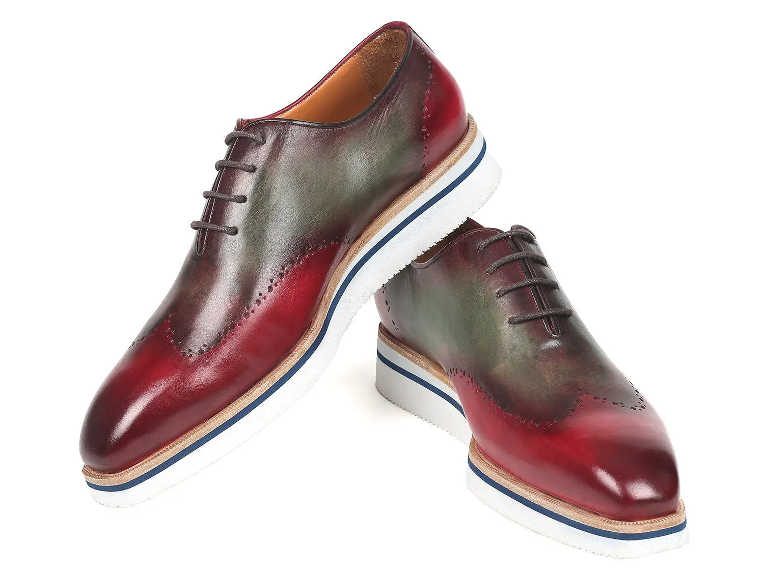 Paul Parkman Men's Smart Casual Wingtip Oxfords in Bordeaux & Green