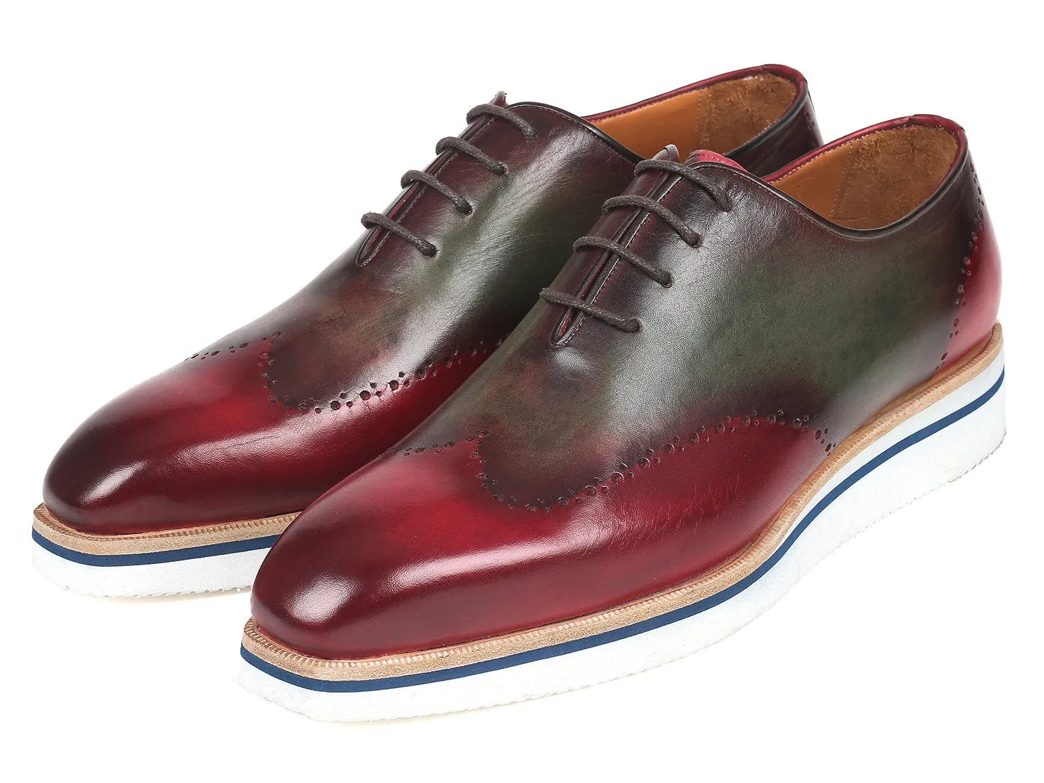 Paul Parkman Men's Smart Casual Wingtip Oxfords in Bordeaux & Green
