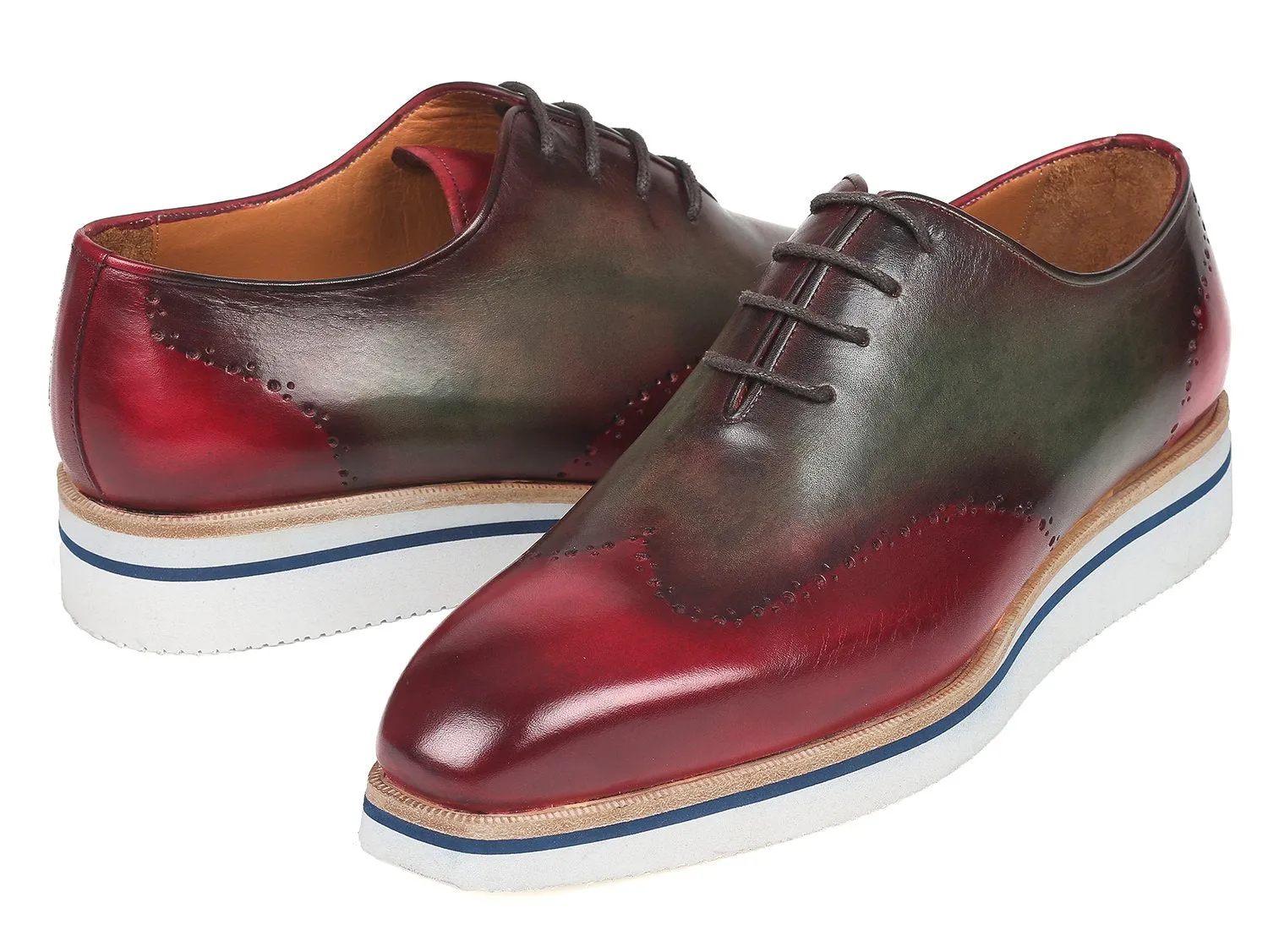 Paul Parkman Men's Smart Casual Wingtip Oxfords in Bordeaux & Green