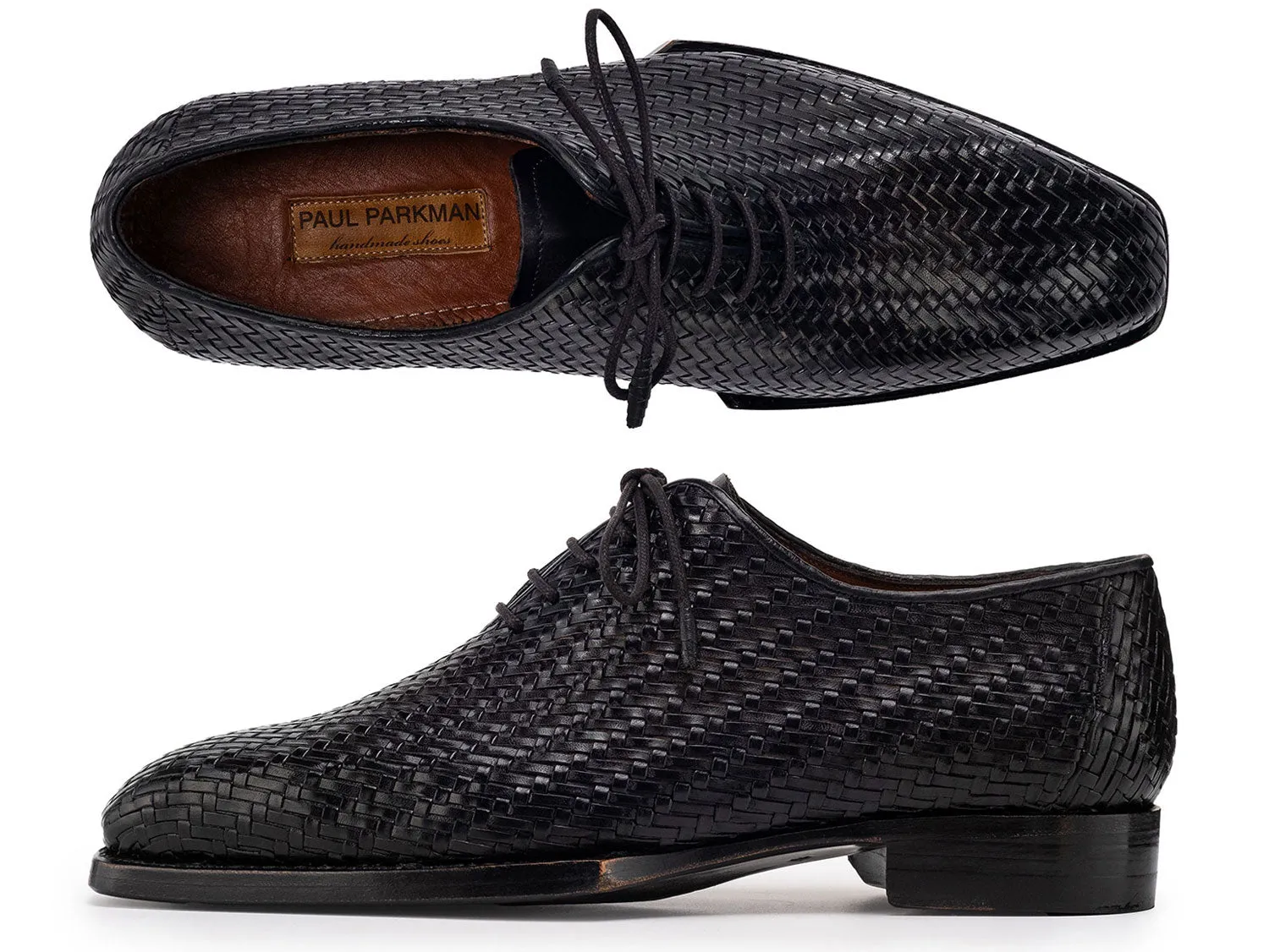 Paul Parkman Men's Woven Leather Hand-Welted Oxford Shoes in Black