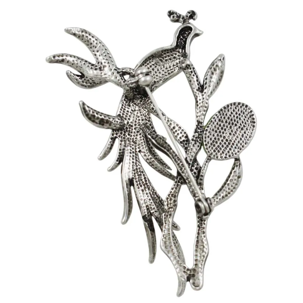 Peacock with Cats Eye and Crystals in Tree Brooch Pin - PRB248