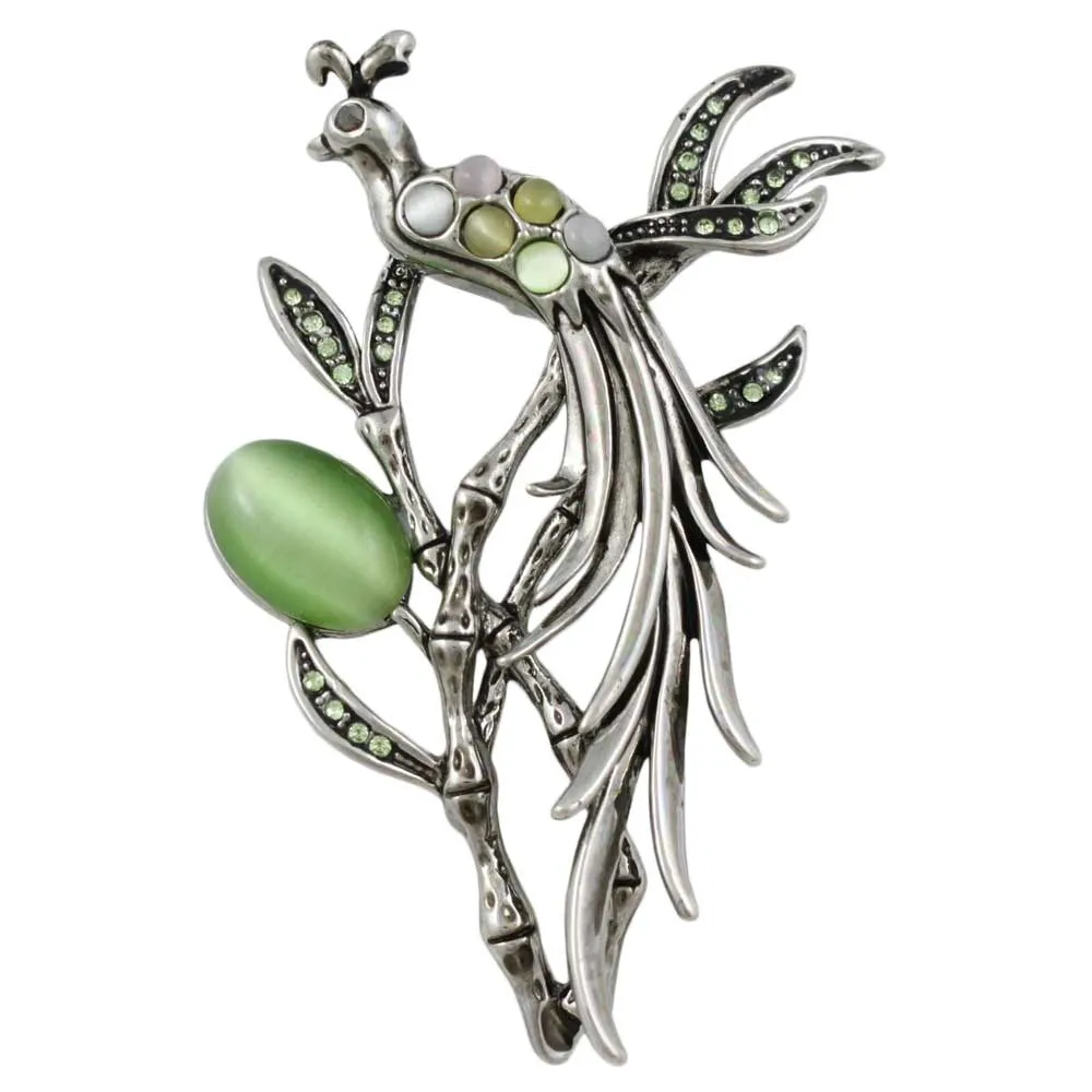 Peacock with Cats Eye and Crystals in Tree Brooch Pin - PRB248