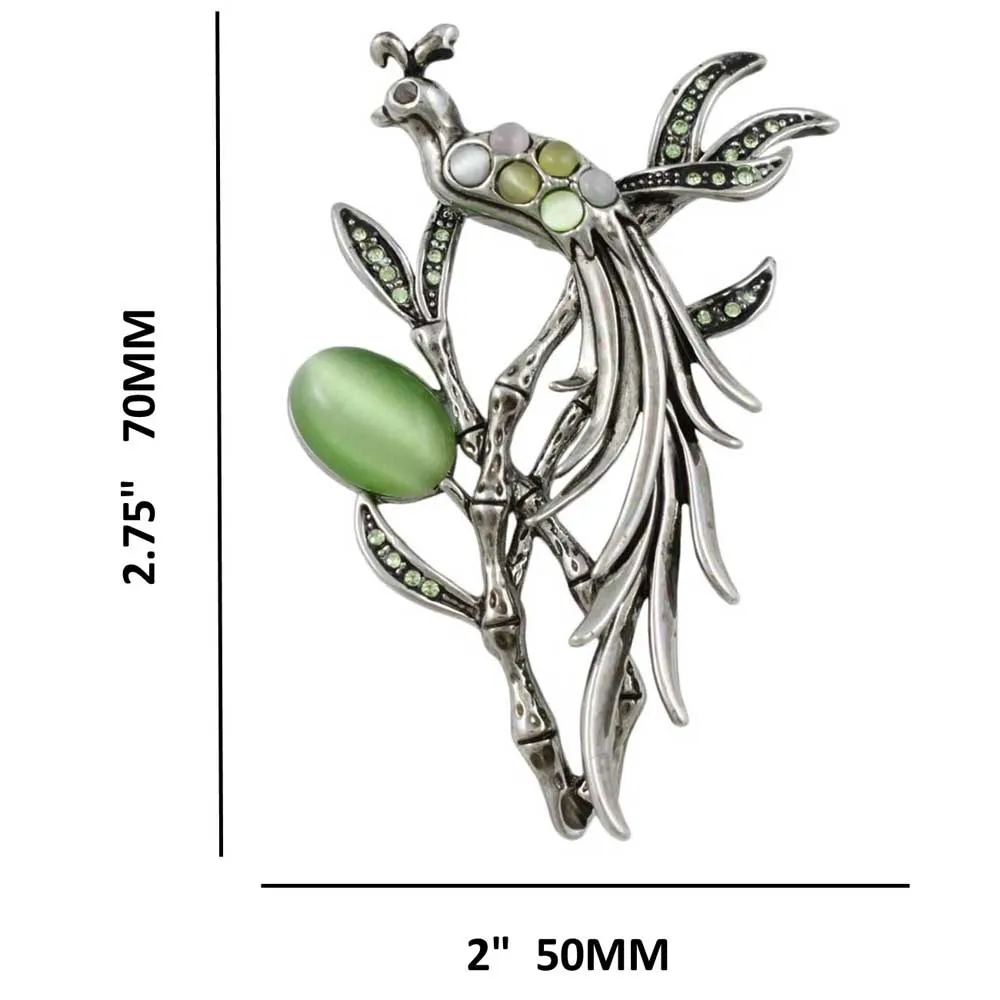 Peacock with Cats Eye and Crystals in Tree Brooch Pin - PRB248