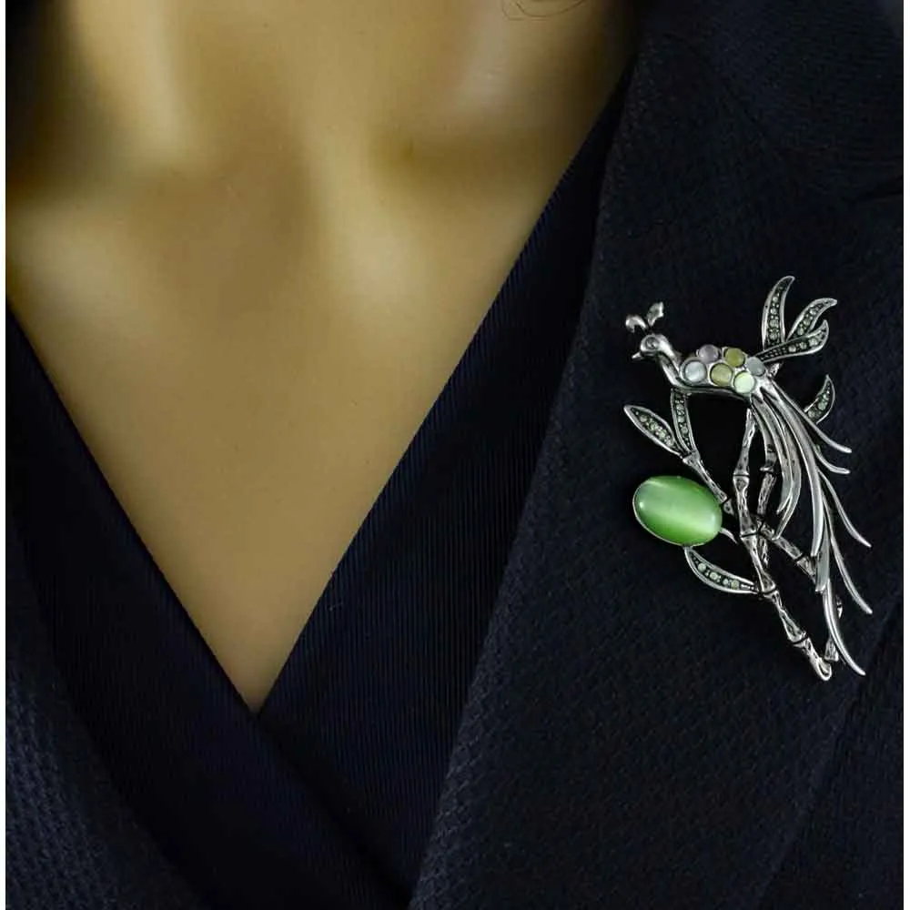 Peacock with Cats Eye and Crystals in Tree Brooch Pin - PRB248