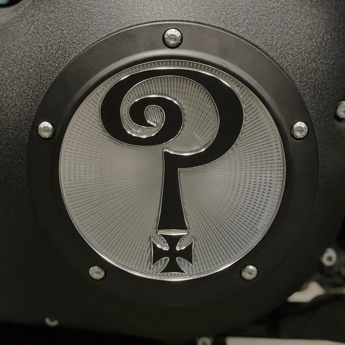 Question Mark Twin Cam Derby Cover - Matte Black   Aluminum