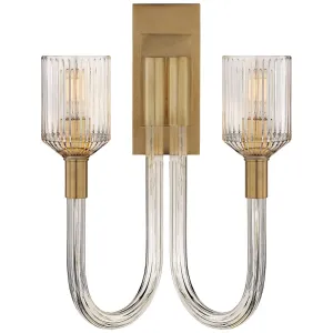 Reverie Double Sconce in Clear Ribbed Glass and Antique-Burnished Brass