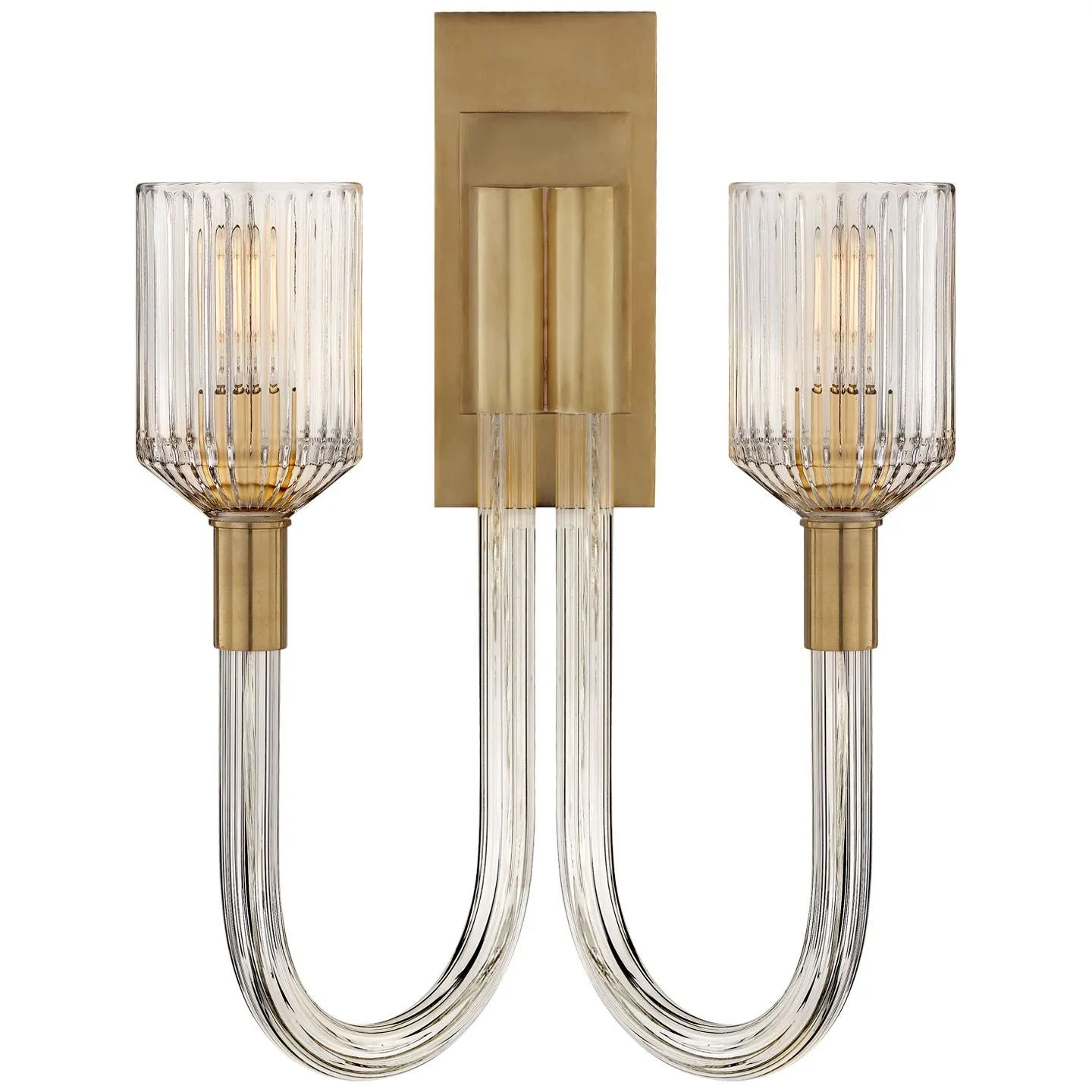 Reverie Double Sconce in Clear Ribbed Glass and Antique-Burnished Brass
