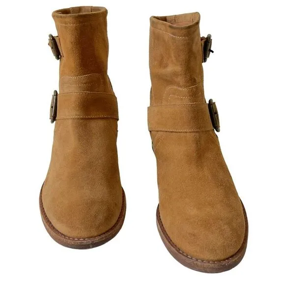 SAKS FIFTH AVENUE ITALY 10022 SHOES CAMEL SUEDE ANKLE BUCKLE BOOTS