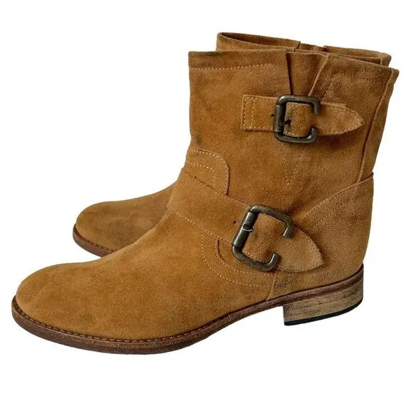 SAKS FIFTH AVENUE ITALY 10022 SHOES CAMEL SUEDE ANKLE BUCKLE BOOTS